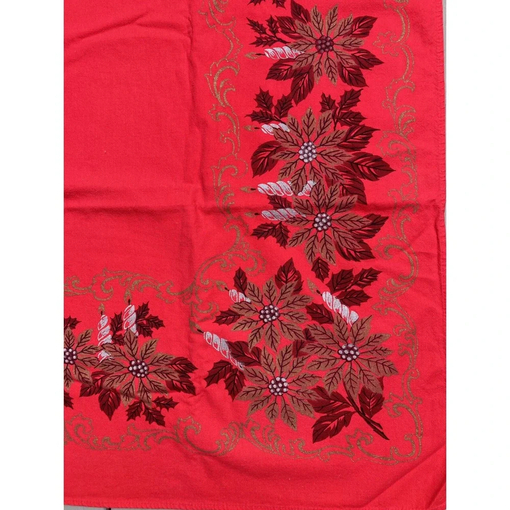 Vintage Christmas cloth tablecloth red silver gold poinsettias candles 50 x 63